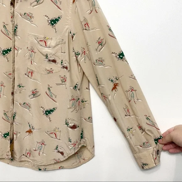 vintage | evan piccone skiing skating winter fun print silk blouse m - Picture 5 of 12